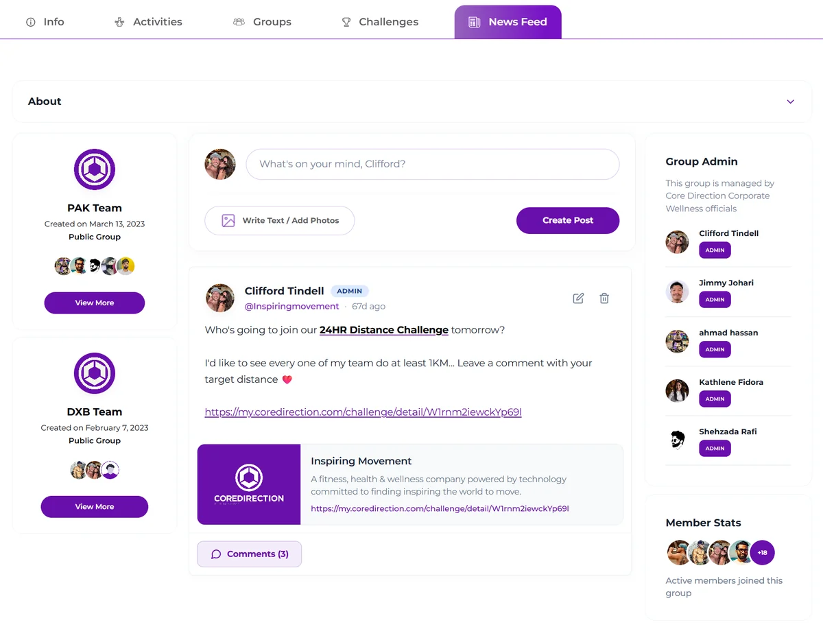 Core Direction community groups and news feed