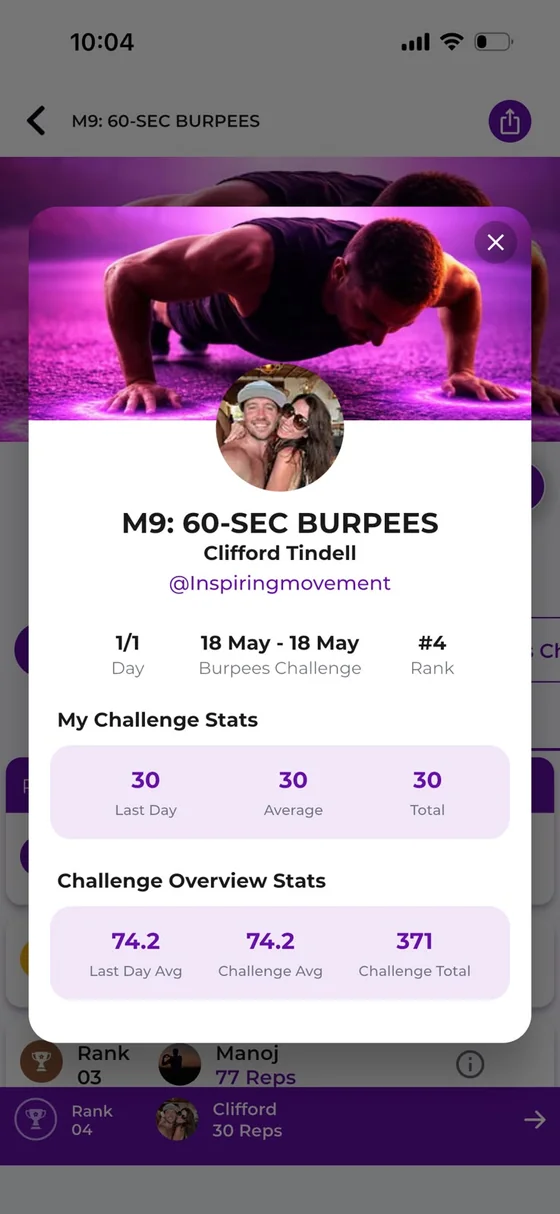 AI Burpee challenge summary in the Core Direction app