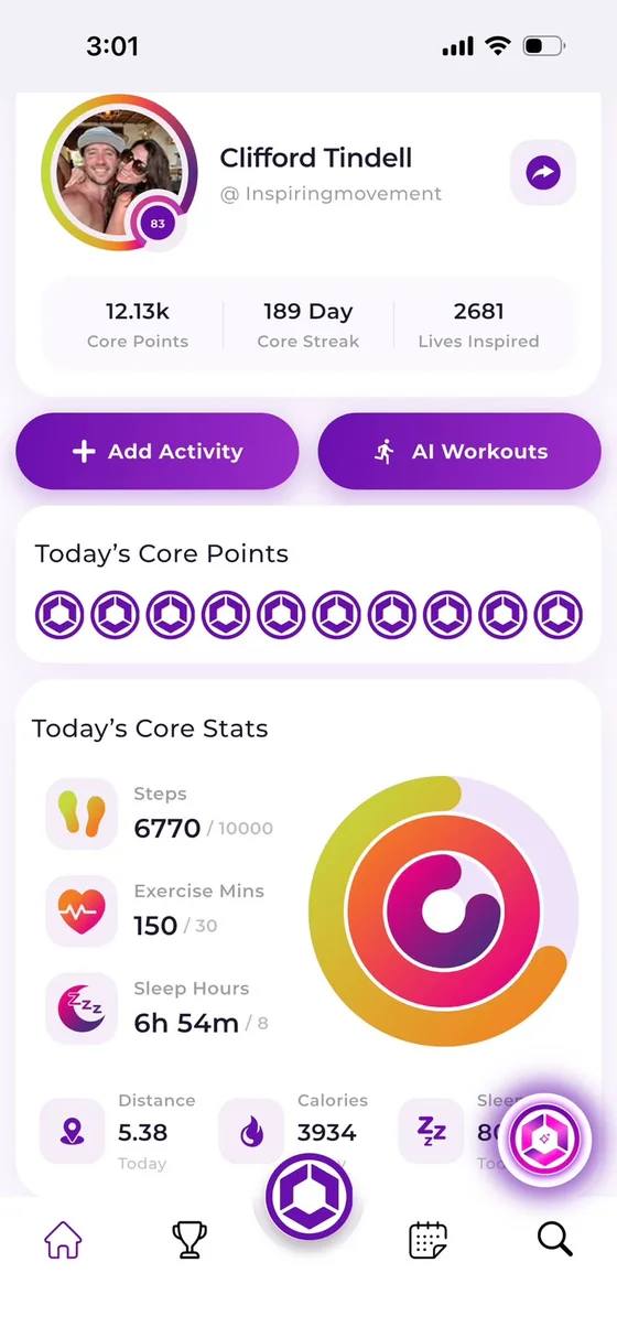 Core Direction app home screen with Core Points and stats